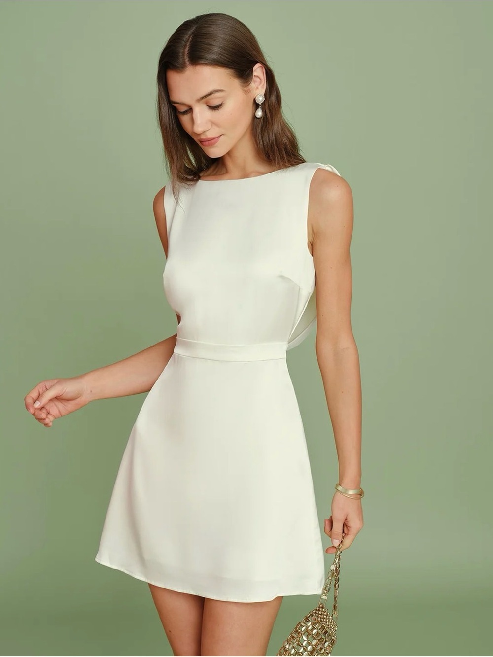 Apricot Boat Neck Pearl Mini Dress